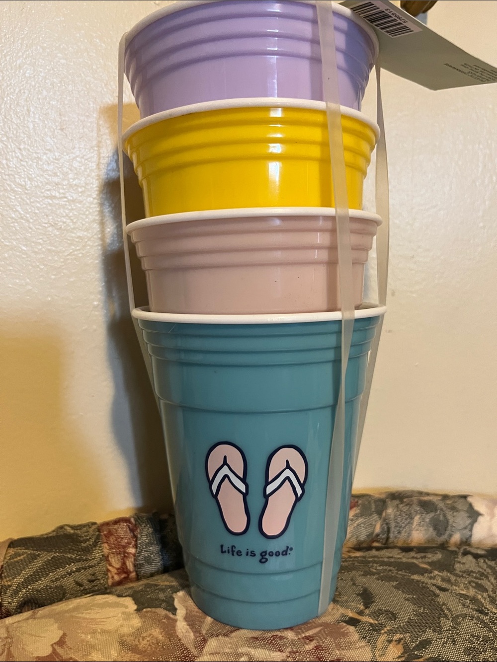 Life Is Good Colorful Stackable Party Cups - Teal, Yellow, Lavender, Pink